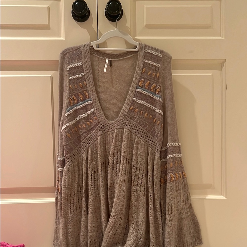 Free People V-Neck Sweater in Taupe and Multicolor